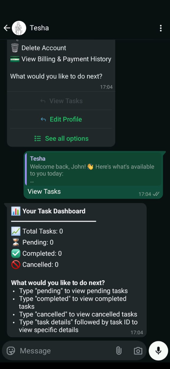 Account setup in WhatsApp chat